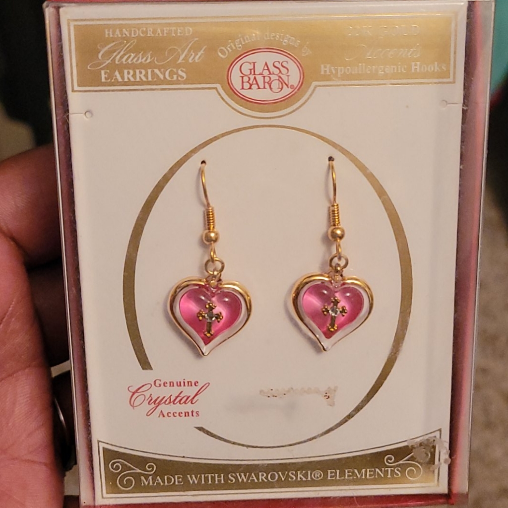 Pink Heart Earrings With A Cross